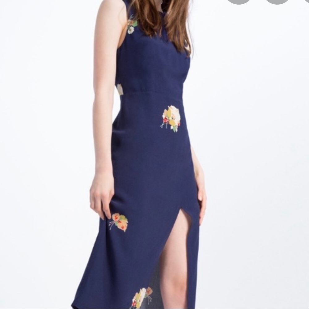 Zara Trafaluc Navy Floral Midi Dress
